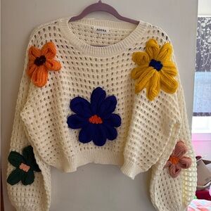 ADORA Women's Cream Sweater with Colorful Floral Details